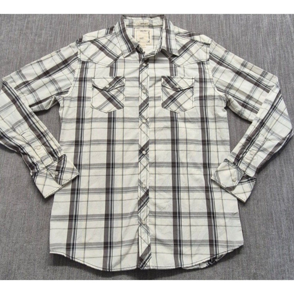 BKE mens white plaid athletic fit western style shirt LG peal snap Cotton pocket